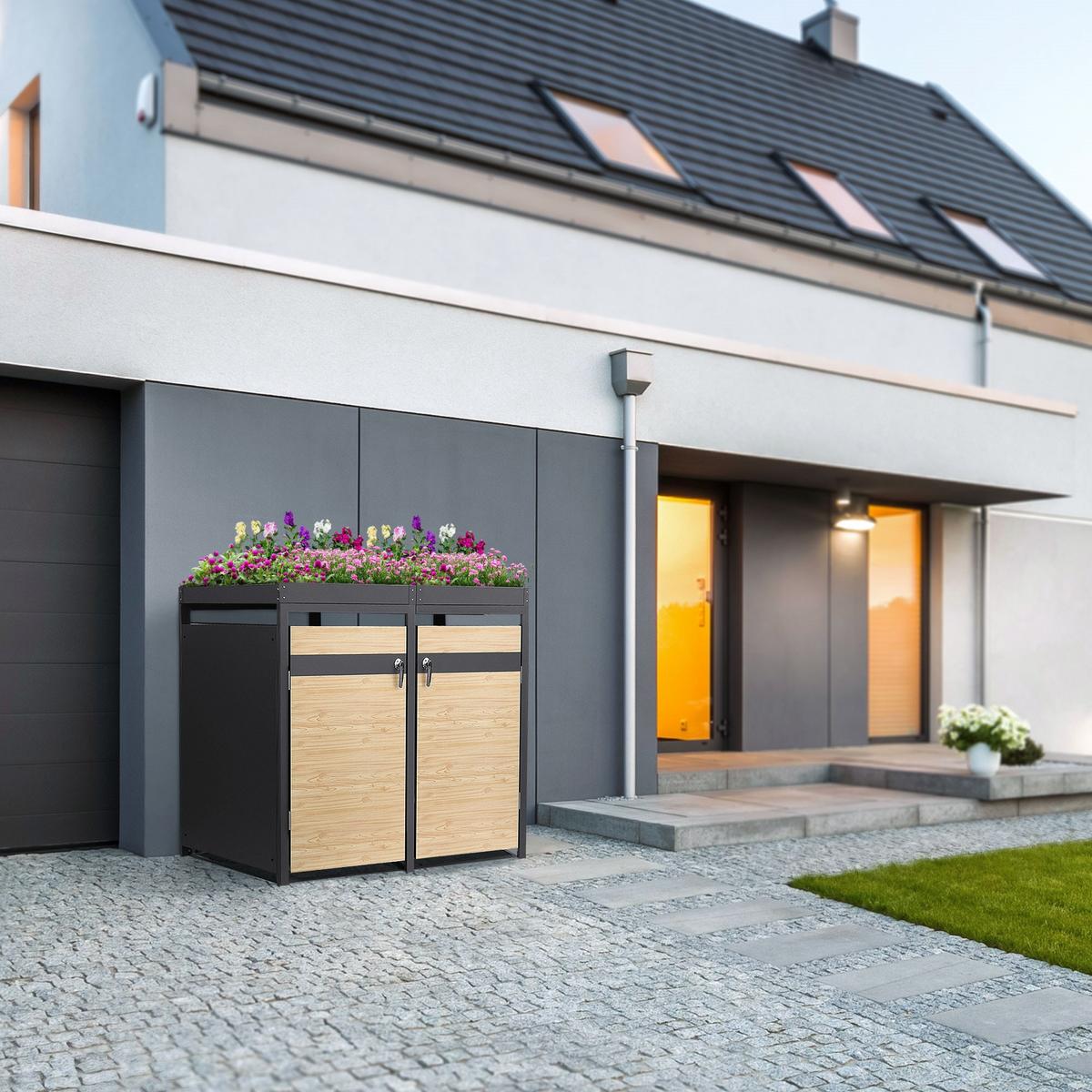 MÜLLTONNENBOX 4er mit Pflanzdach Anthrazit-Holzoptik - Hellbraun, Metall (264/124/80cm) - ML-DESIGN