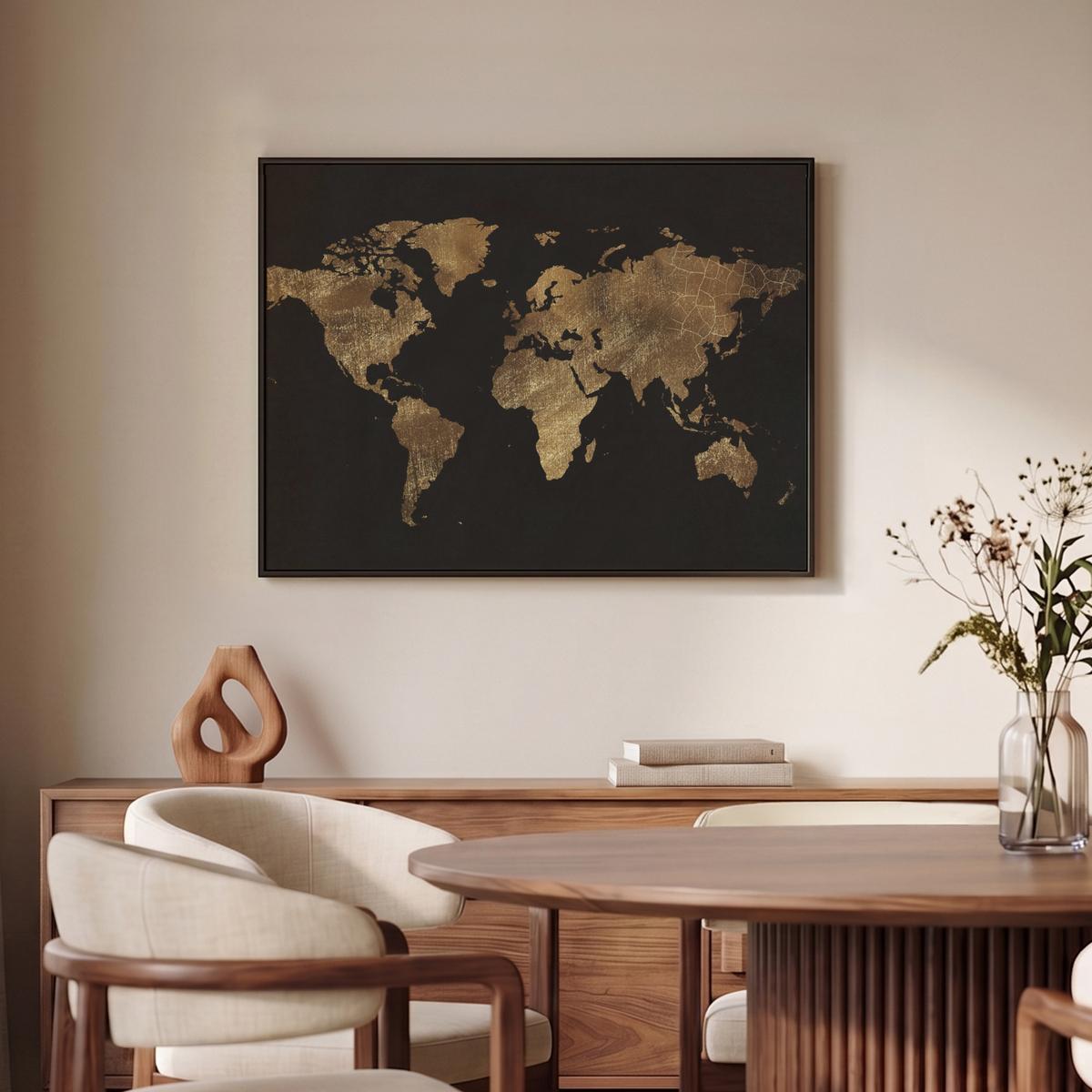 LEINWAND Bilder mit Rahmen - Weltkarte - Gold - Luxus - Erde - Schwarz - 80x60 - Goldfarben, Textil (80/60cm) - MuchoWow