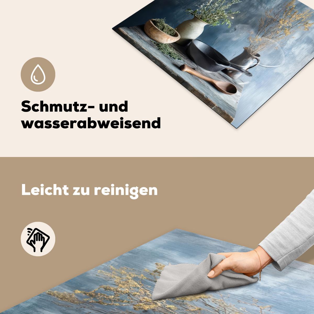 HERDABDECKPLATTE Stilleben - Kräuter - Rustikal Abdeckung Ceranfeld 59x51 cm - Blaugrau, Kunststoff (59/51/0.2cm) - MuchoWow
