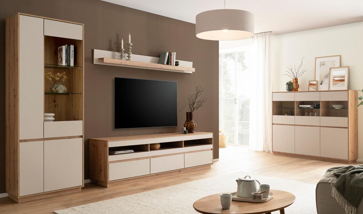 TV-LOWBOARD Kaschmir Sand und Eiche Artisan 202 cm, TV Unterschrank mit Schubkästen - Kaschmir/Eiche Artisan, Holzwerkstoff/Metall (202/60/45cm) - Furn.Design