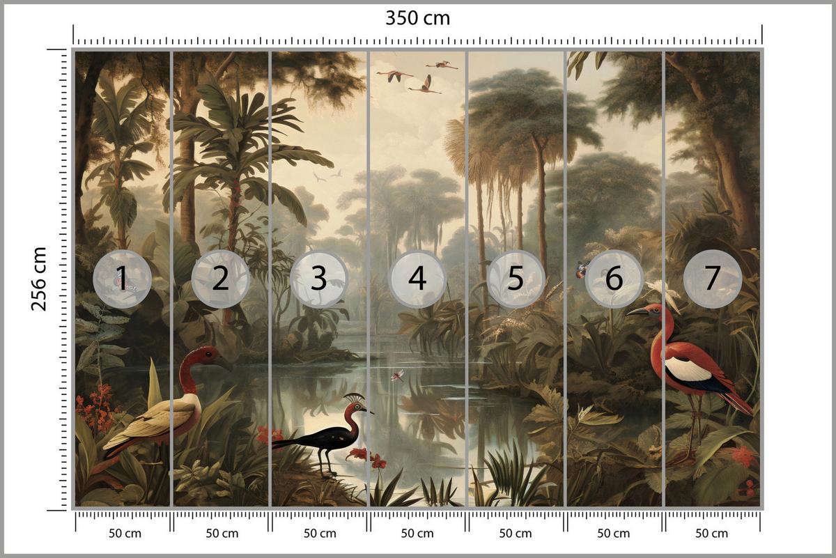 FOTOTAPETE Dschungel Tropische Pflanzen Vögel 350x256 - Gelb/Beige, Papier (350/256cm) - Muralo