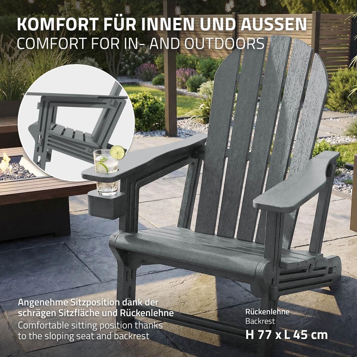 ADIRONDACK LOUNGESTUHL mit Getränkehalter Grau aus Kunststoff - Grau, Kunststoff (54.5/91/76cm) - ML-DESIGN