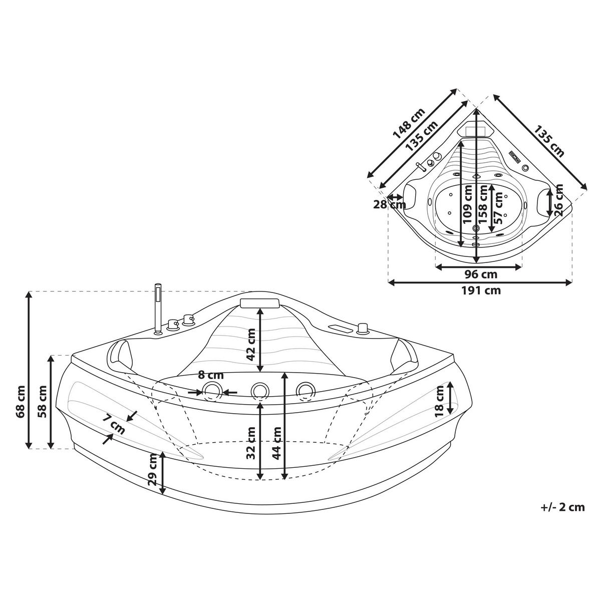WHIRLPOOL-BADEWANNE mit LED 145x210x67 cm weiß Monaco V3 - Weiß, Kunststoff (145/67/210cm) - Beliani