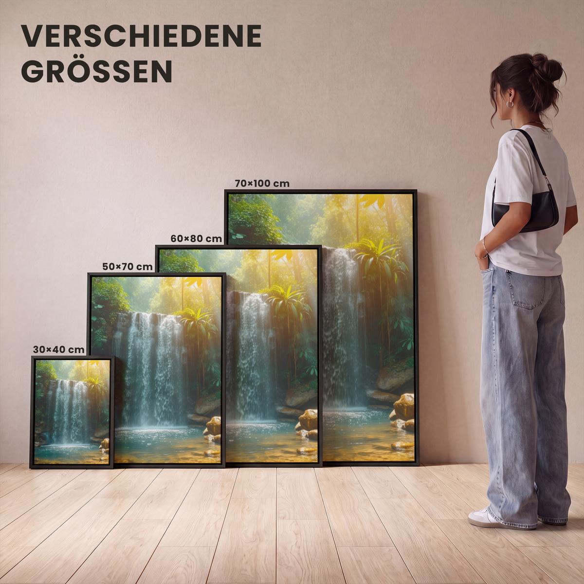LEINWAND Bilder mit Rahmen - Wasserfall - Dschungel - Sonne - Grün - Natur - 50x70 - Grün, Textil (50/70cm) - MuchoWow