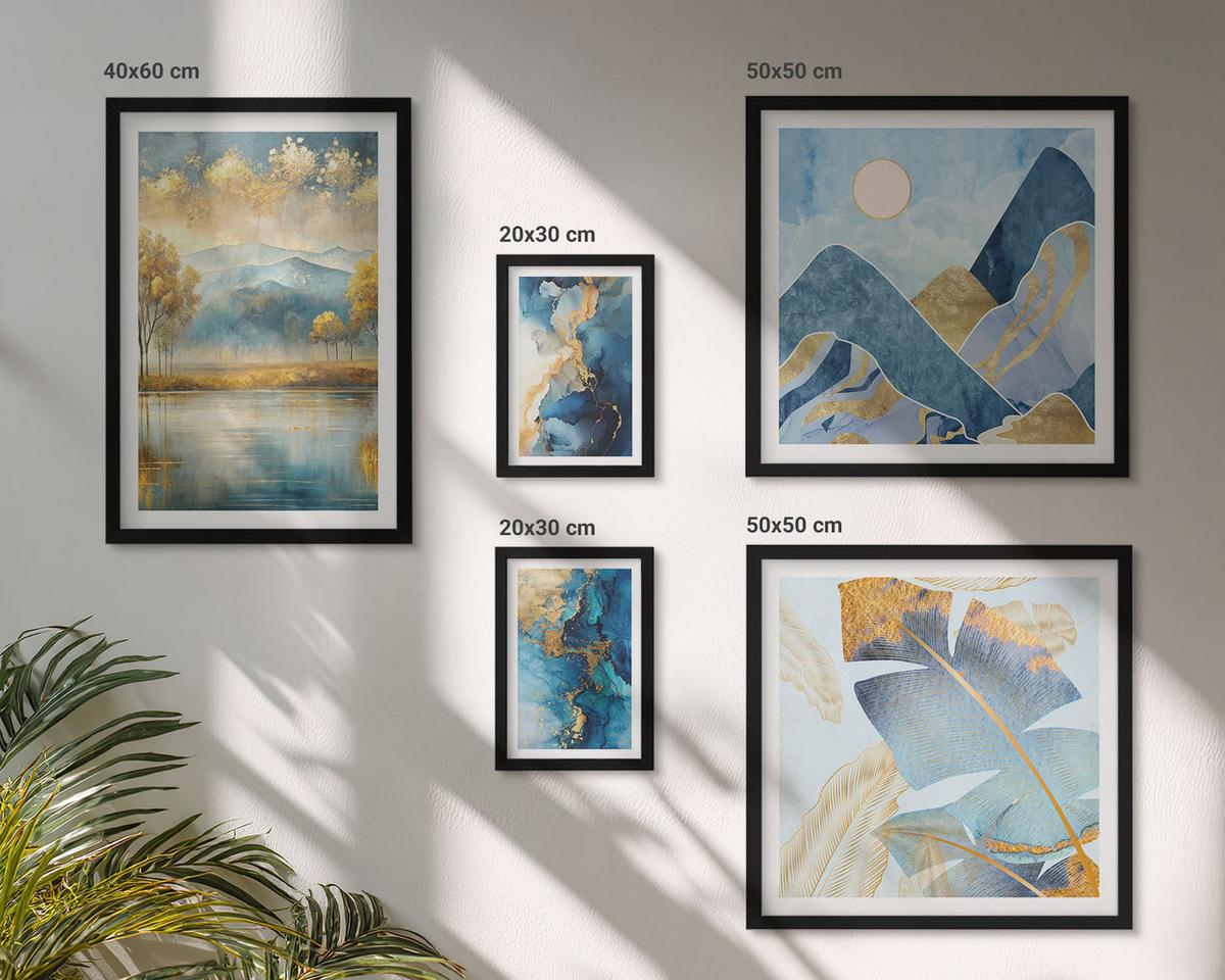 BILDER SET 5er Set - 50x50 cm & 20x30 cm & 40x60 cm Schwarzer Rahmen - Goldmuster in den blauen Bergen - Schwarz, Kunststoff (40/60cm) - TULUP