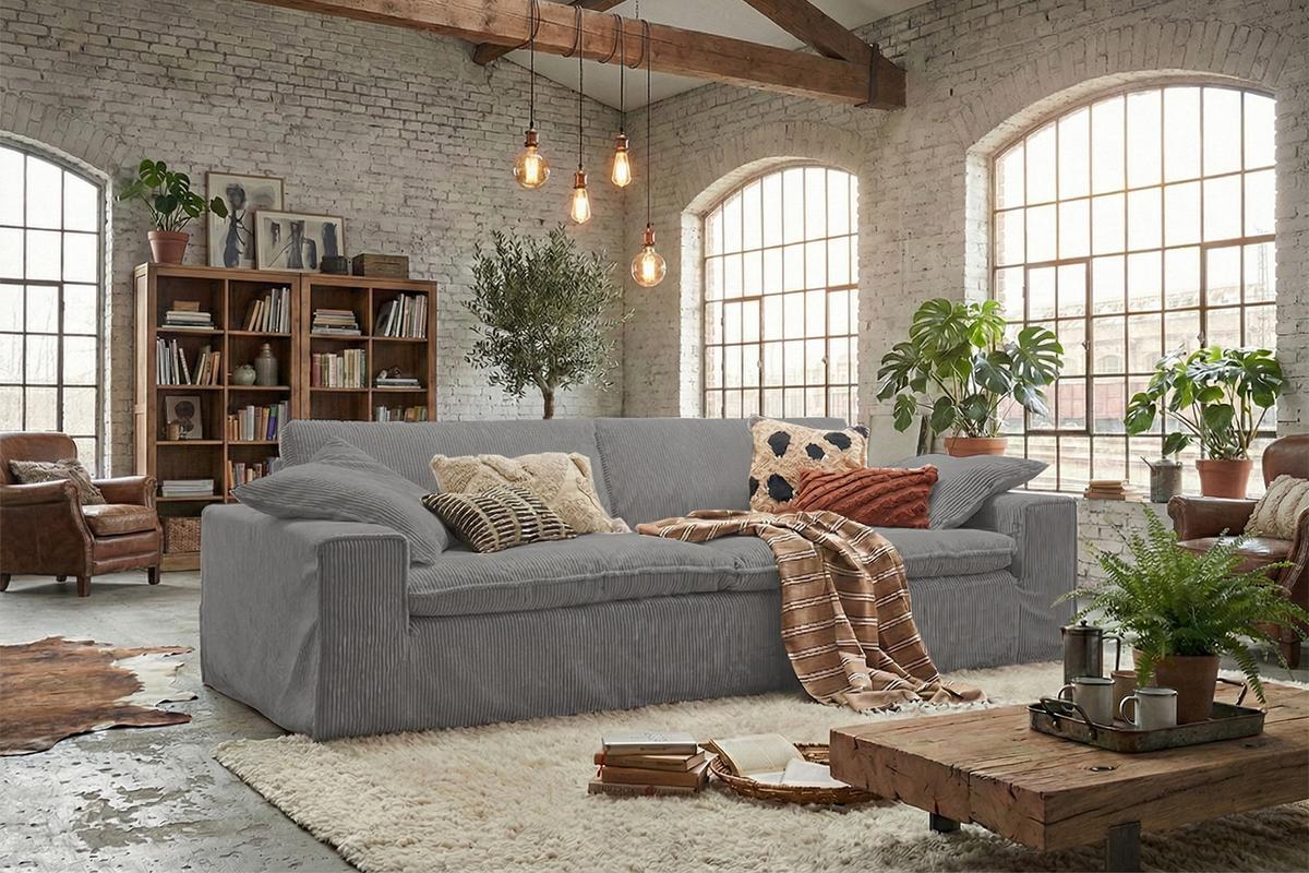 SOFA NETTA Grau Cord - Braun/Grau, Birkenholz/Textil (258/90/116cm) - KAWOLA