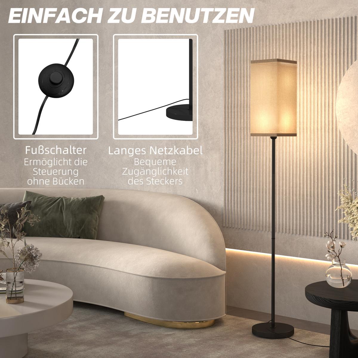 MODERNE Stehlampe mit Kunstleinen-Schirm, Fußschalter, für Wohnzimmer Schwarz - Schwarz, Kunststoff (25/25/161.5cm) - HOMCOM