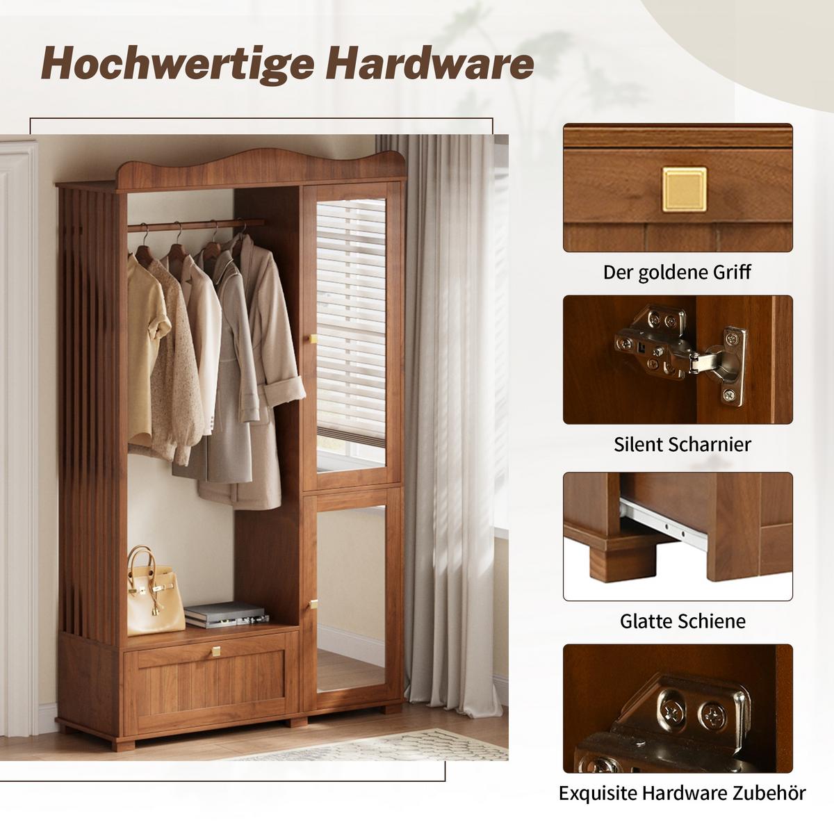 GARDEROBENSCHRANK in walnuss-optik mit spiegel & kleiderstange - Walnussfarben, Holzwerkstoff (115.5/194.5/38.5cm) - Urban Meuble