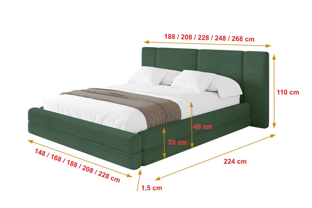 POLSTERBETT mit Bettkasten und Lattenrost, Bett mit Matratze H3/H4 - TEVO 140x200 Grün - Grün, Holzwerkstoff/Textil (140/200cm) - ALTDECOR