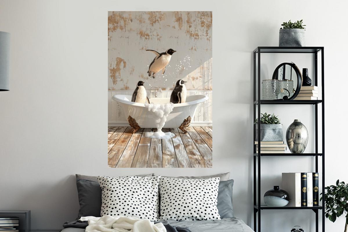 WANDTATTOO Vintage - Pinguin - Badewanne - Schaumstoff Wandaufkleber 80x120 cm - Schwarz, Kunststoff (80/120/0.1cm) - MuchoWow