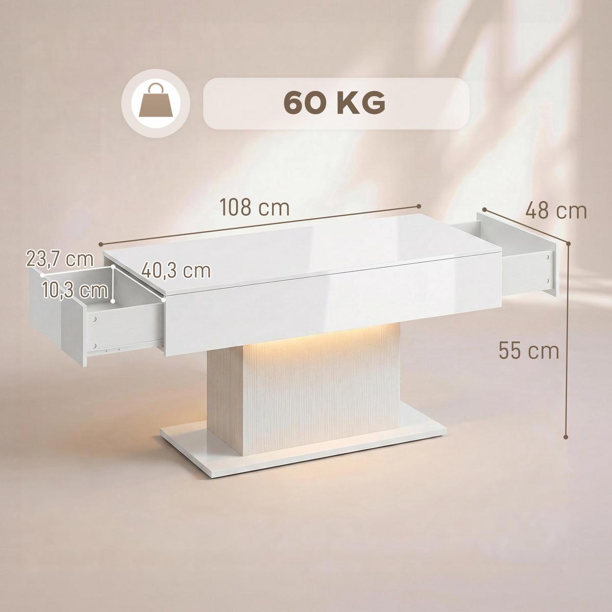 COUCHTISCH Spanplatte MDF Weiß - Weiß Hochglanz/Weiß, Holzwerkstoff (108/48/55cm) - HOMCOM