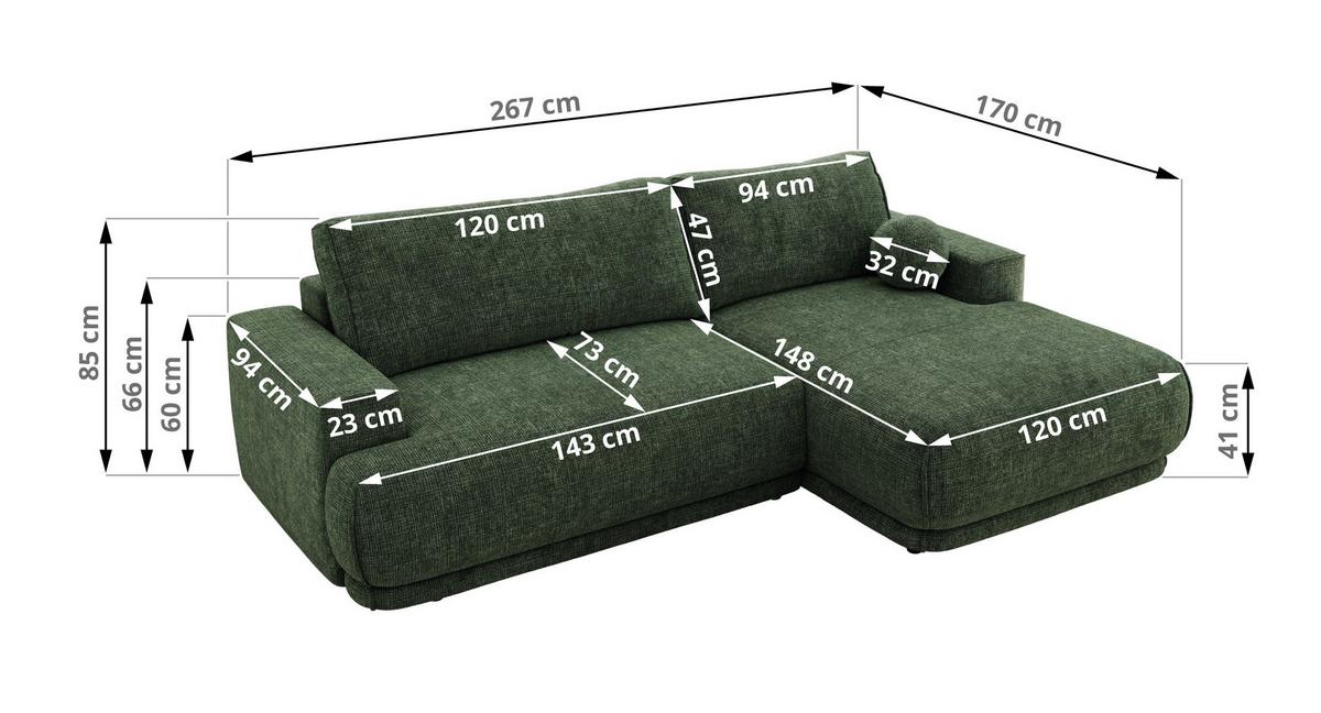 ECKSCHLAFSOFA RINA L Dunkelgrün Schenille grob gewebt - rechts - Dunkelgrün/Schwarz, Kunststoff/Textil (170/267cm) - MKS