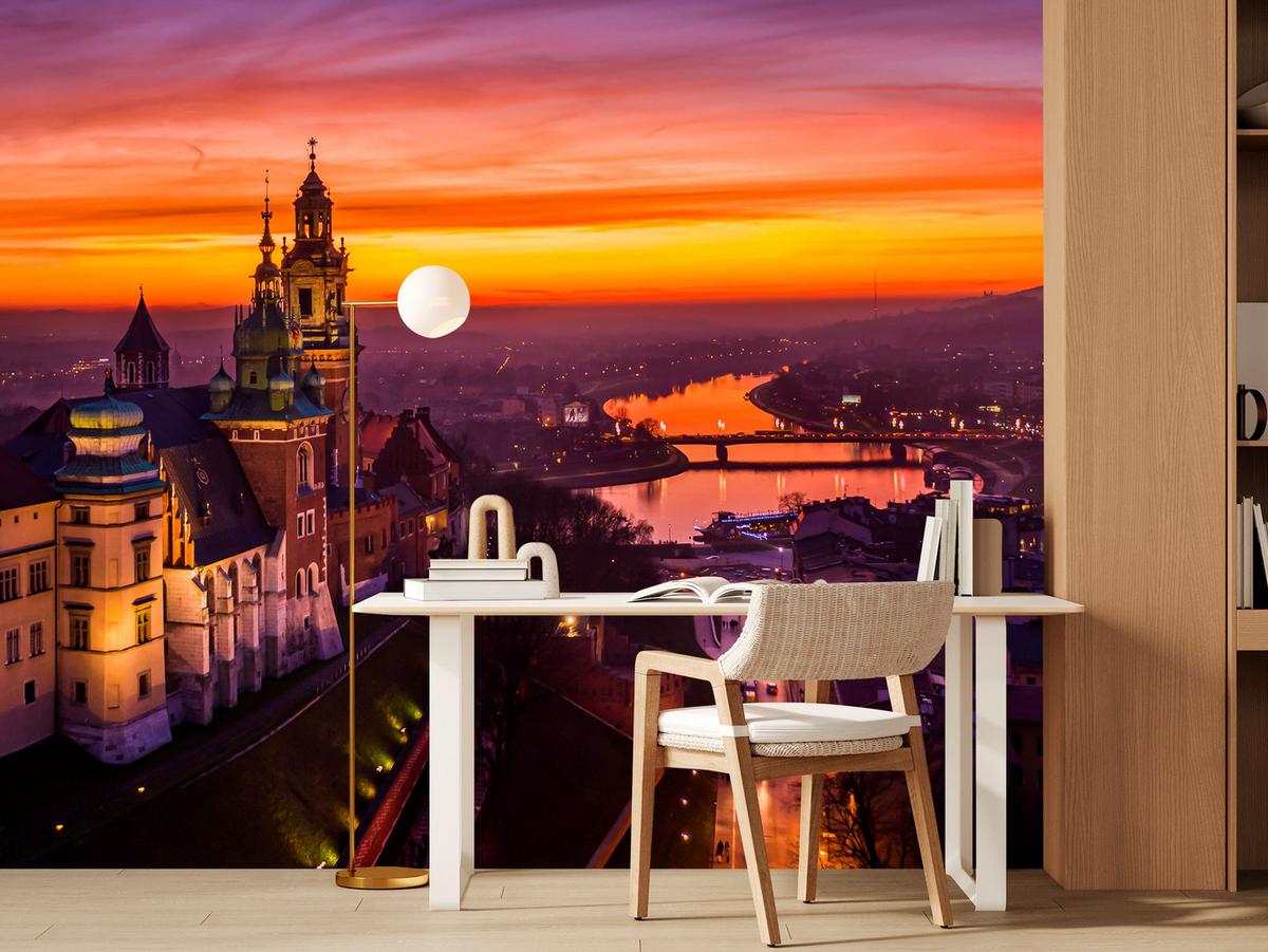 FOTOTAPETE für Wohnzimmer Sonnenuntergang Wawelburg Architektur Stadt 100x70 - Orange, Papier (100/70cm) - Muralo