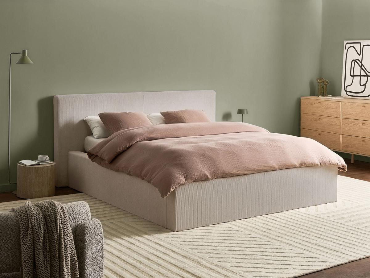 BETT mit Stauraum 160/200 cm Cord Hellbeige Lillebonne - Beige, Textil (160/200cm) - Beliani