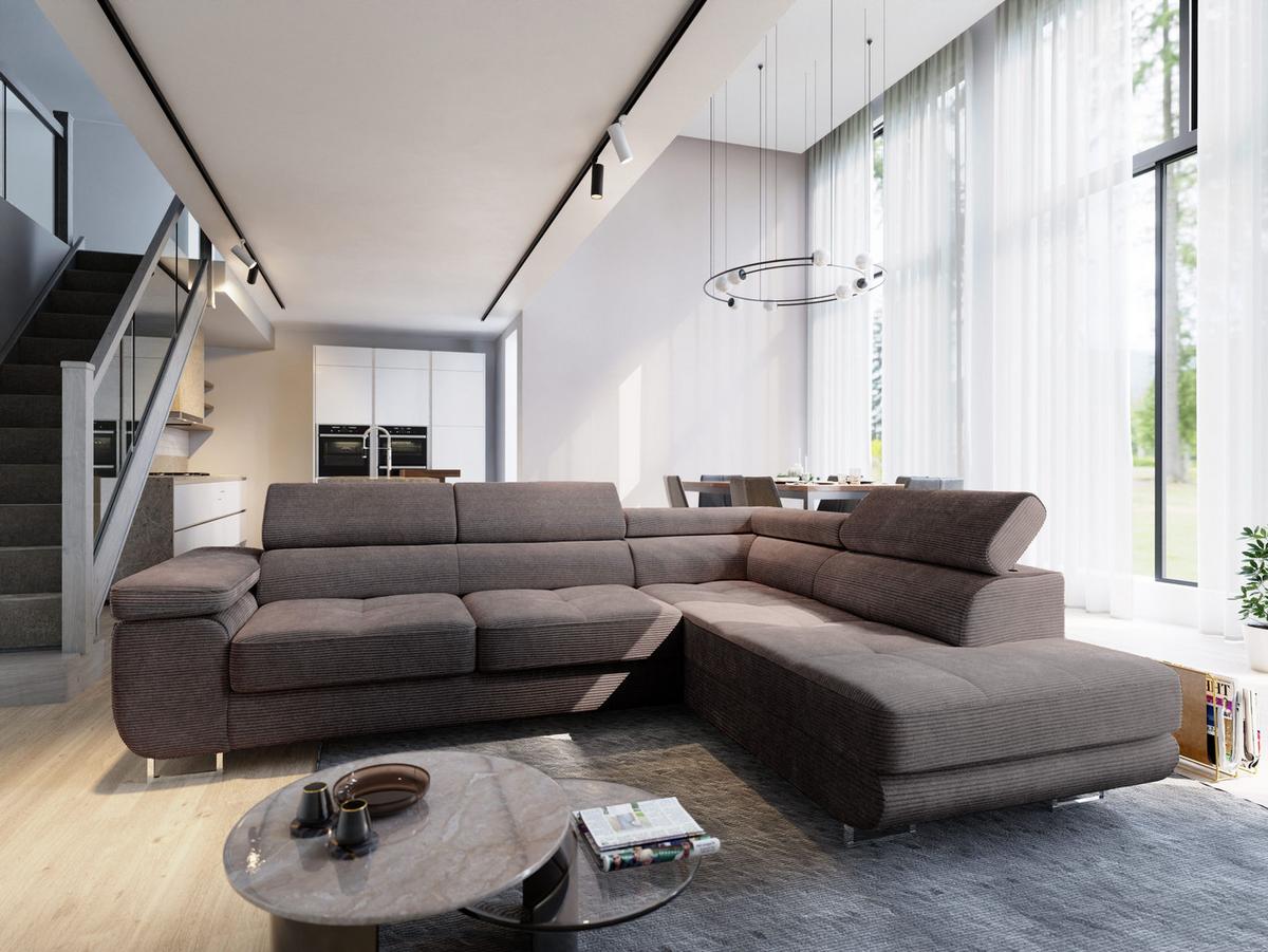 ECKSOFA APIRO R-S Braun Kordstoff mit Schlaffunktion - Silberfarben/Braun, Holz/Textil (276/202cm) - MASSENO