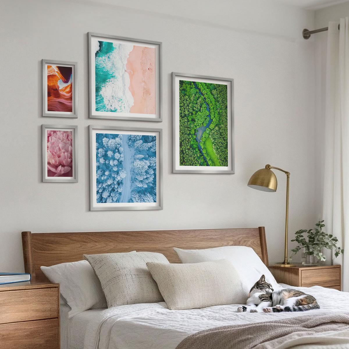 BILDER SET 5er Set - 50x50 cm & 20x30 cm & 40x60 cm Silberner Rahmen - Pferde, Bewegung, Strand, Leuchtturm, Berge - Silberfarben, Kunststoff (40/60cm) - TULUP
