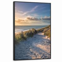 LEINWAND Bilder mit Rahmen - Sonnenuntergang - Strand - Düne - Gras - Ufer - 80x120 - Sandfarben, Textil (80/120cm) - MuchoWow