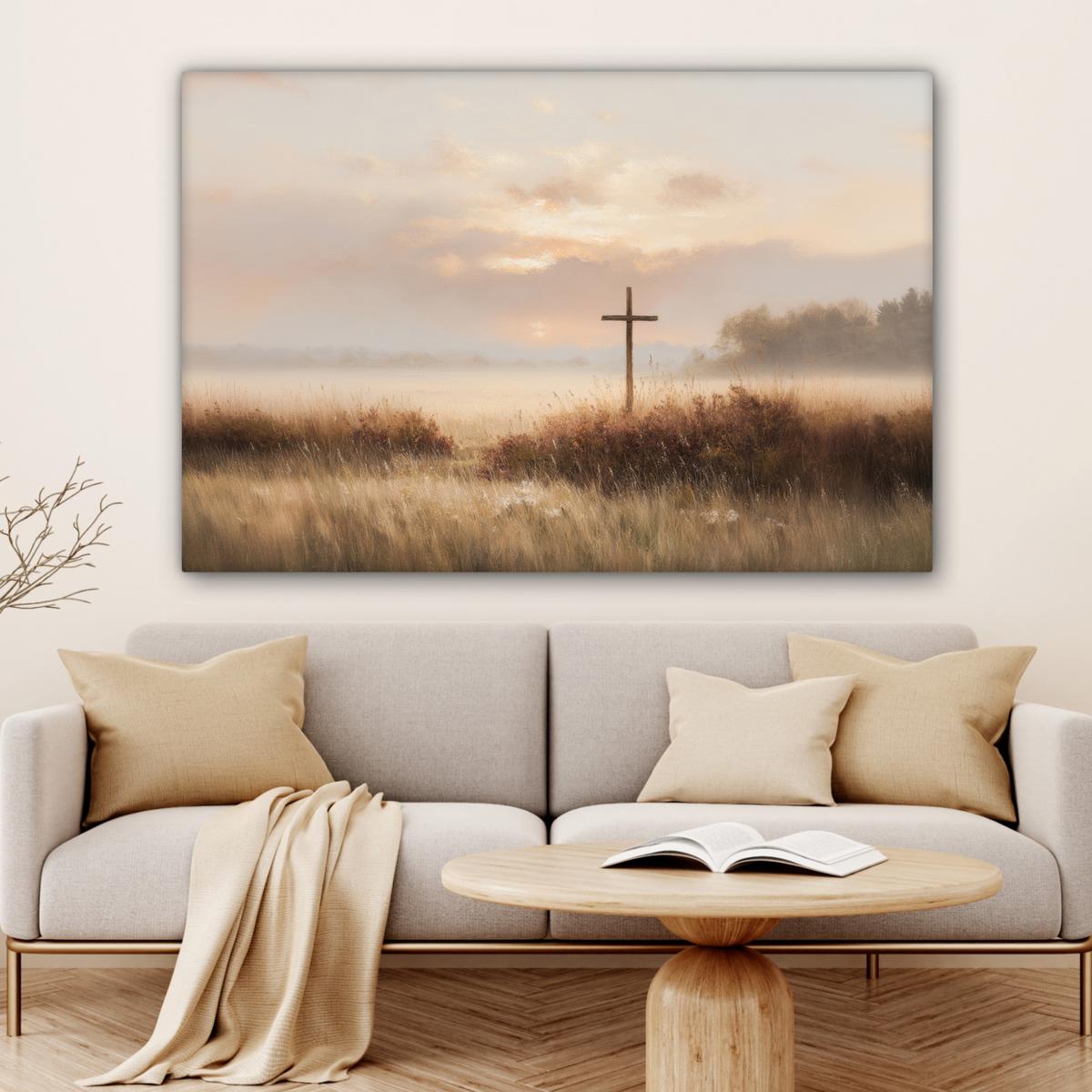 LEINWANDBILD Gras - Morgennebel - Kreuz - Christentum Wohnzimmer Groß 120x80 cm - Beige, Textil (120/80cm) - MuchoWow
