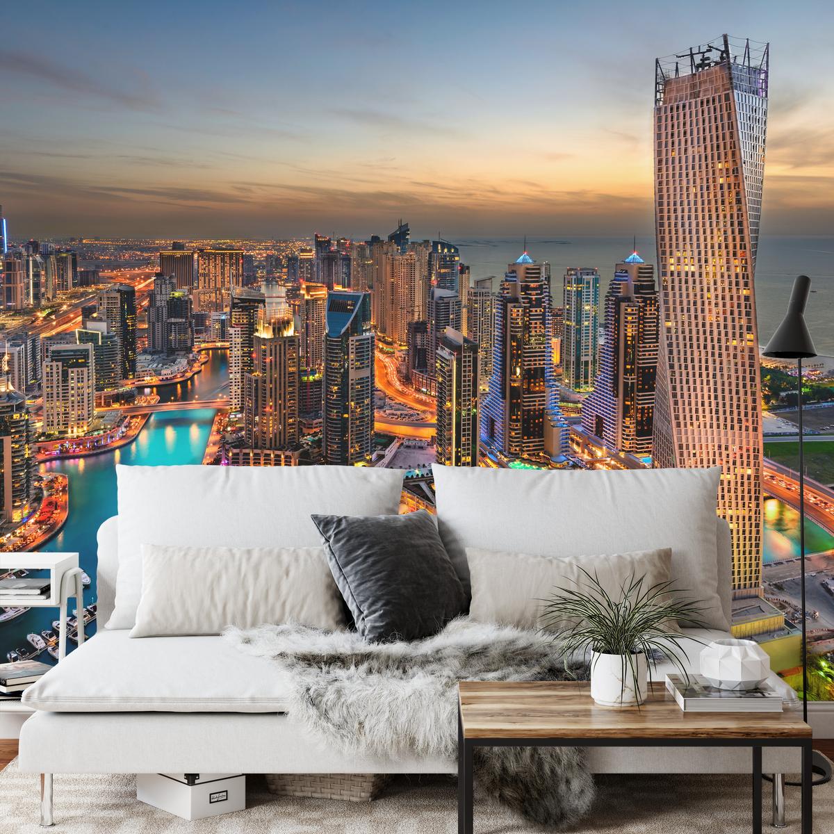 FOTOTAPETE für Büro Hochhäuser Dubai Marina Hafen Lichter Modern 150x105 - Türkis/Gelb, Papier (150/105cm) - Muralo