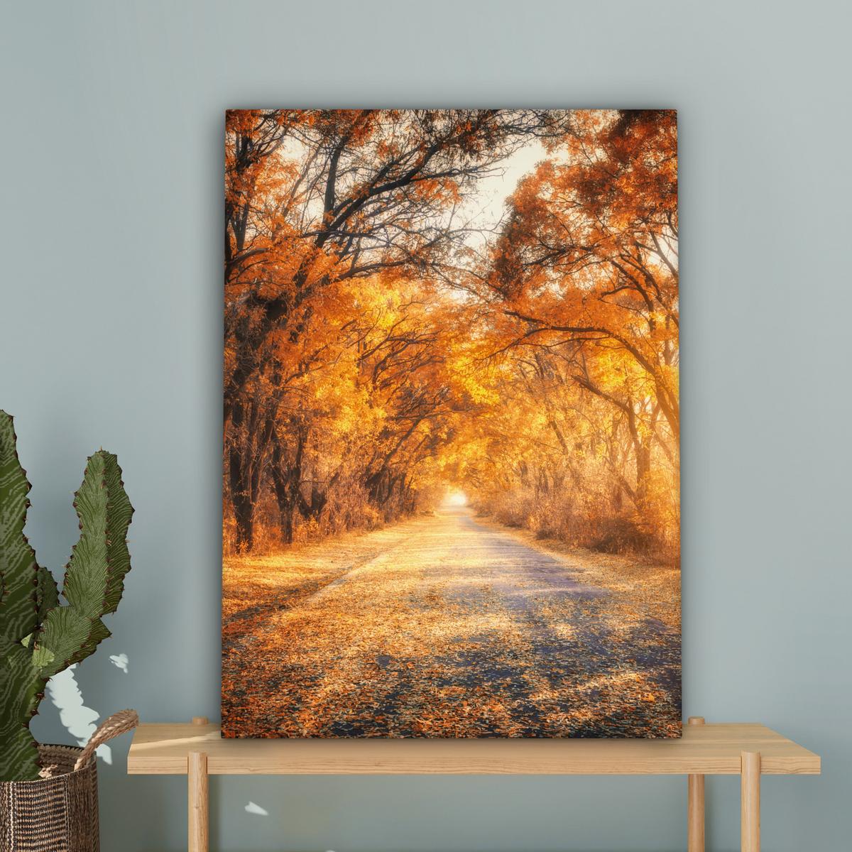 LEINWANDBILD Wald - Herbst - Bäume - Waldweg - Natur Wandbild Wohnzimmer 60x80 cm - Bernsteinfarben, Textil (60/80cm) - MuchoWow