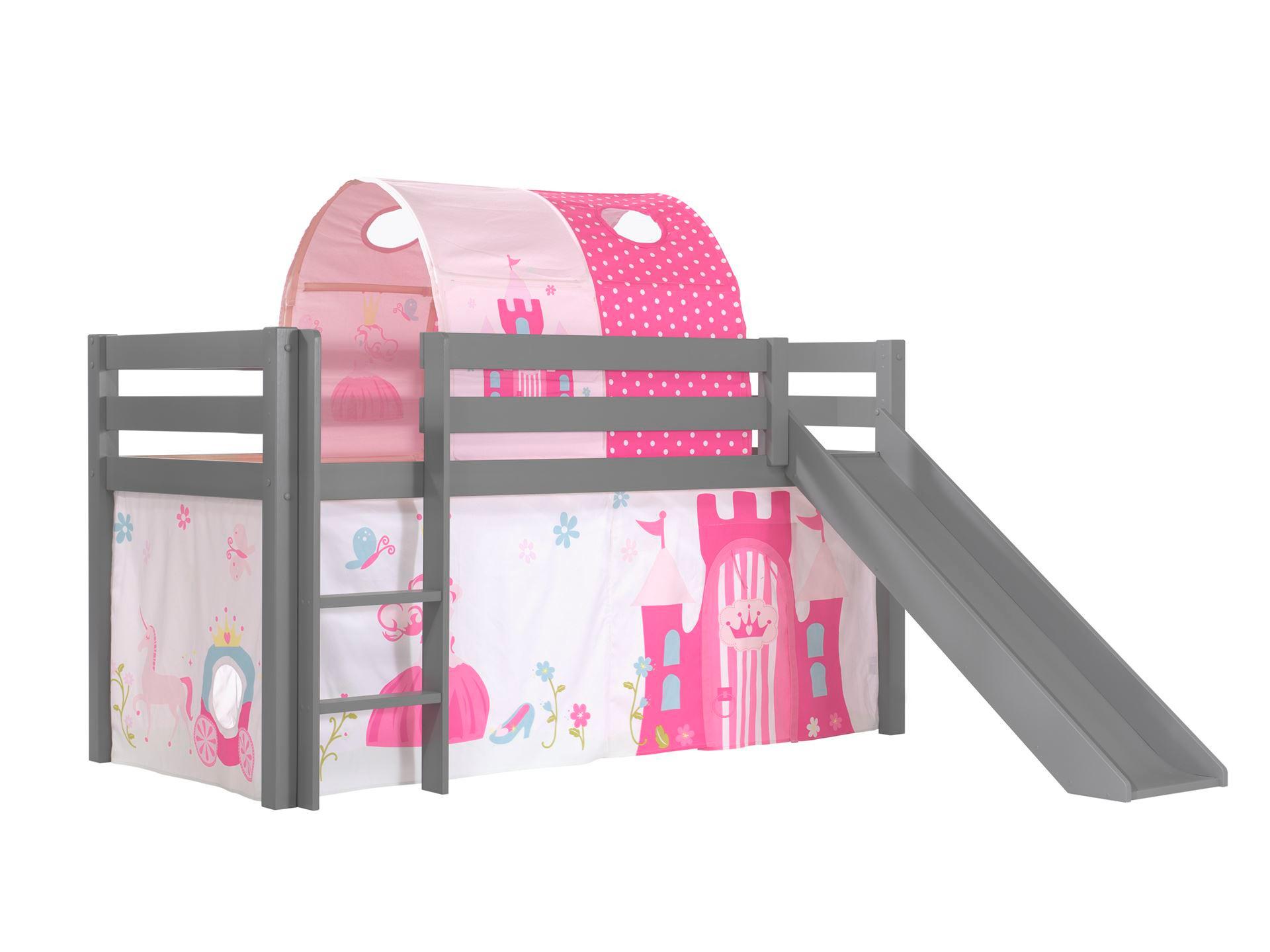 HOCHBETT mit Rutsche Karolina Massivholz Grau Textilset Princess 2 - Magenta/Grau, Holz (90/200cm) - 58aufmkessel