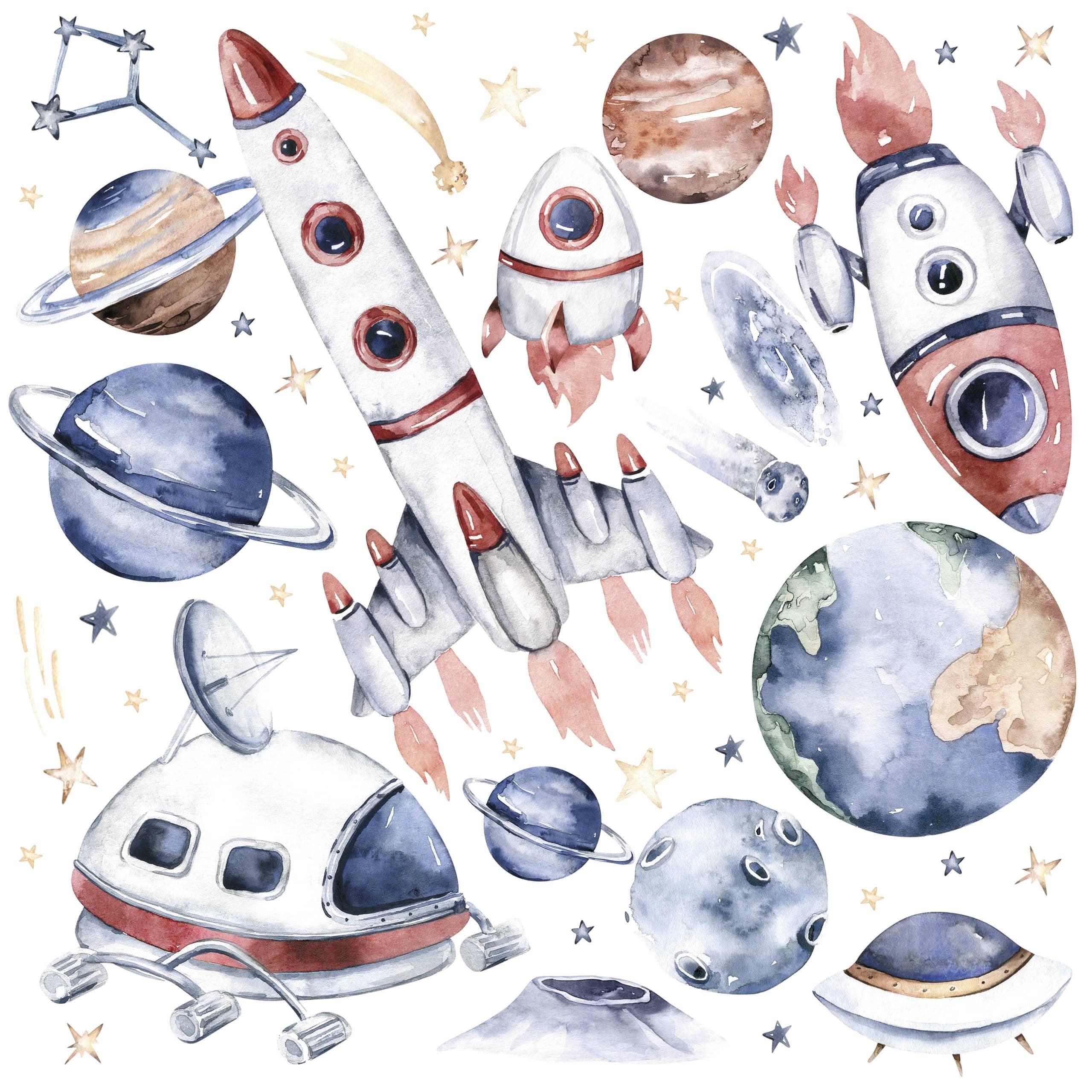 AUFKLEBER SET Weltraumraketen Sternen Planeten 120x60 - Gelb/Beige, Papier (120/60/1cm) - Muralo