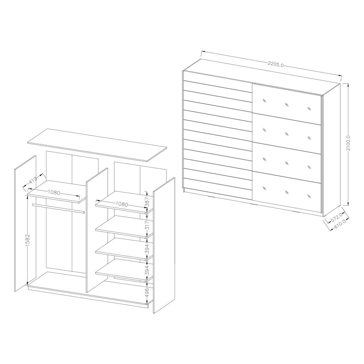 SCHWEBETÜRENSCHRANK COSMICO 220/210/61 cm 2-türig Braun - Braun, Holzwerkstoff (220/210/61cm) - MASSENO