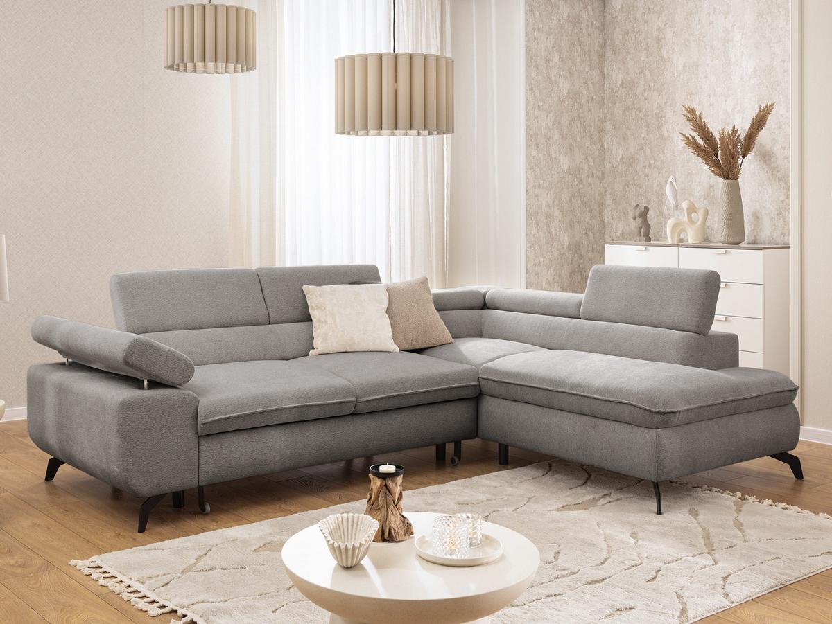ECKSOFA mit Schlaffunktion und Bettkasten Bonnie aus Hellgrau Chenille-Stoff mit verstellbaren Kopfstützen und Armlehne - Ottomane rechts - Hellgrau/Schwarz, Holz/Textil (275/210cm) - S-Style Möbel
