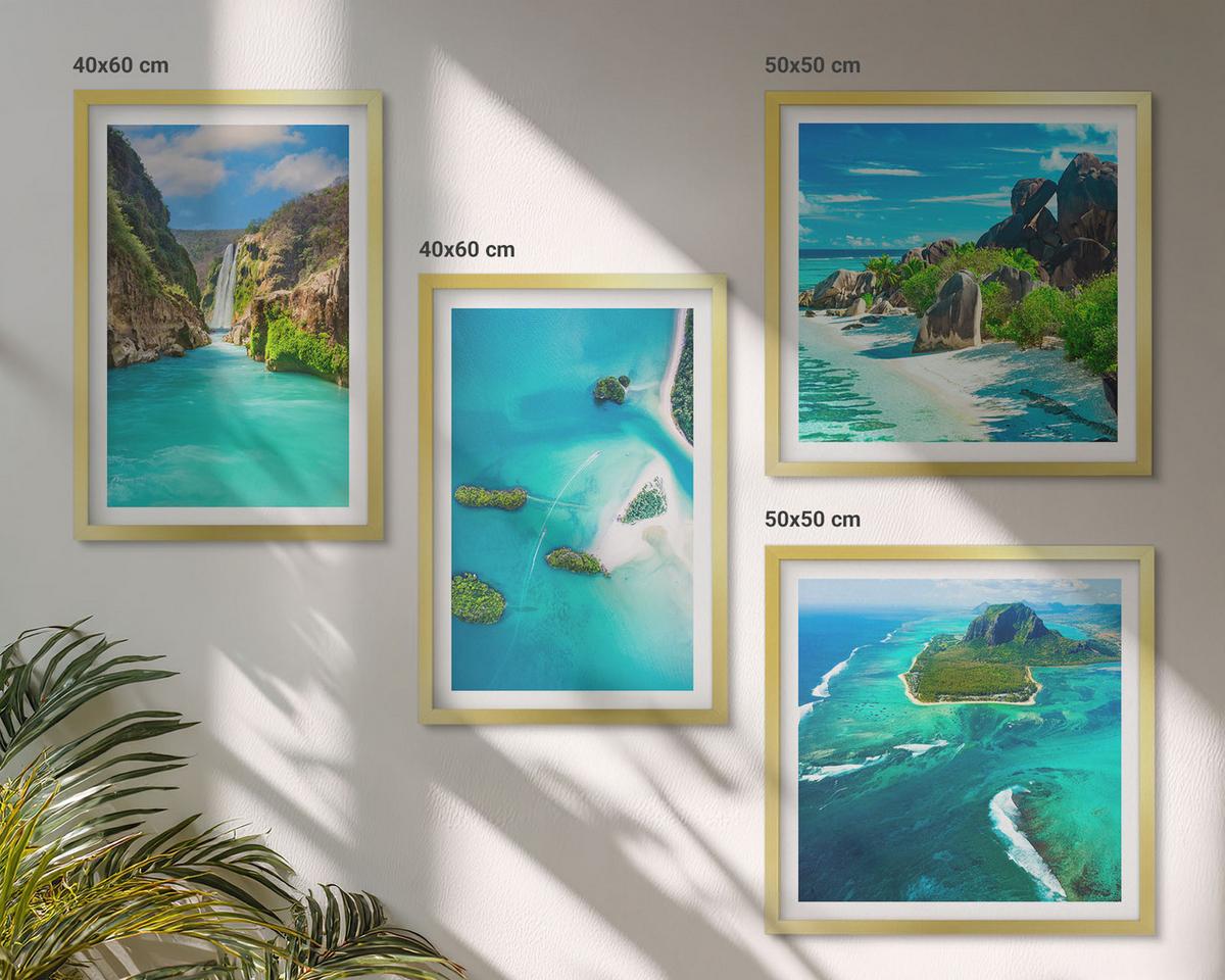 BILDER SET 4er Set - 50x50 cm & 40x60 cm Goldrahmen - Tropische türkisfarbene Inseln - Goldfarben, Kunststoff (50/50cm) - TULUP