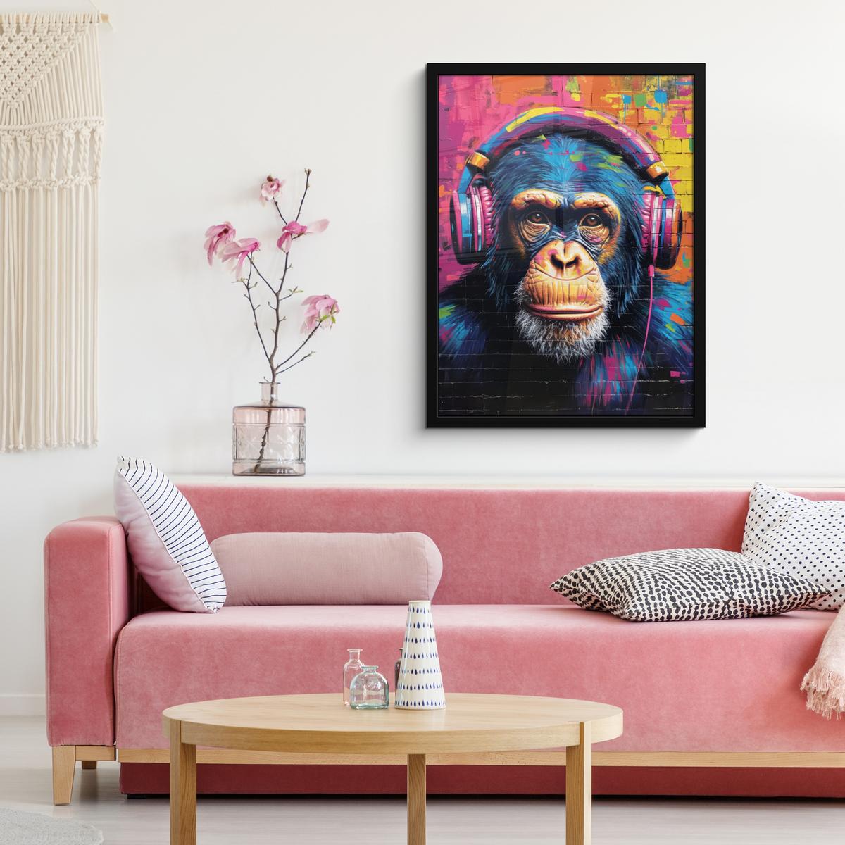 POSTER MIT RAHMEN Graffiti - Schimpanse - Straßenkunst - Kopfhörer - Affe Posterleiste 60x80 cm - Blau, Papier (60/80cm) - MuchoWow