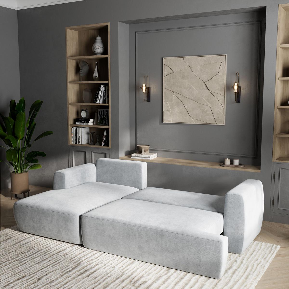 ECKSOFA SENTI K L-S Hellgrau Plüsch-Stoff mit Schlaffunktion - Hellgrau/Schwarz, Holz/Kunststoff (246/148cm) - MASSENO