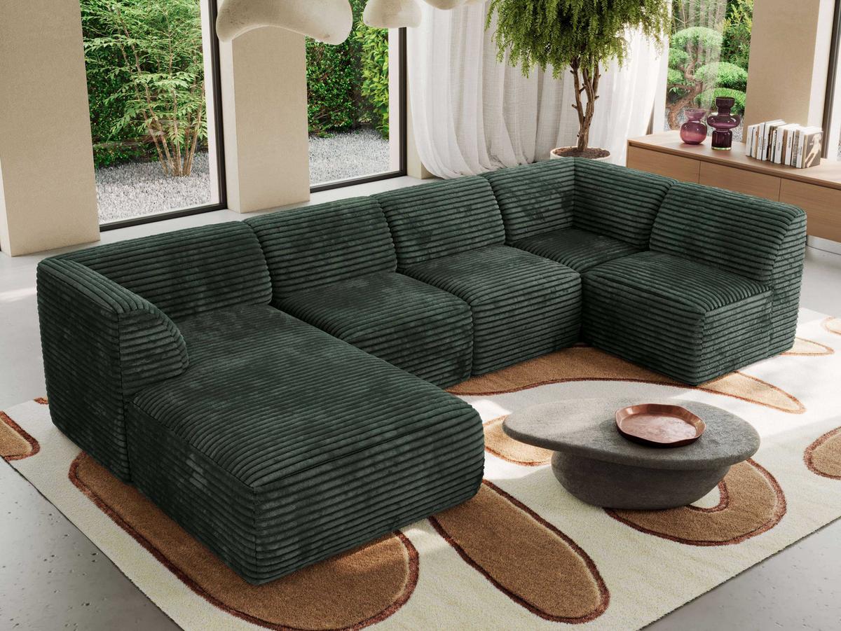 WOHNLANDSCHAFT MODARO U 6M - Grün Cord - Links - Dunkelgrün/Schwarz, Textil (180/78/345cm) - MKS