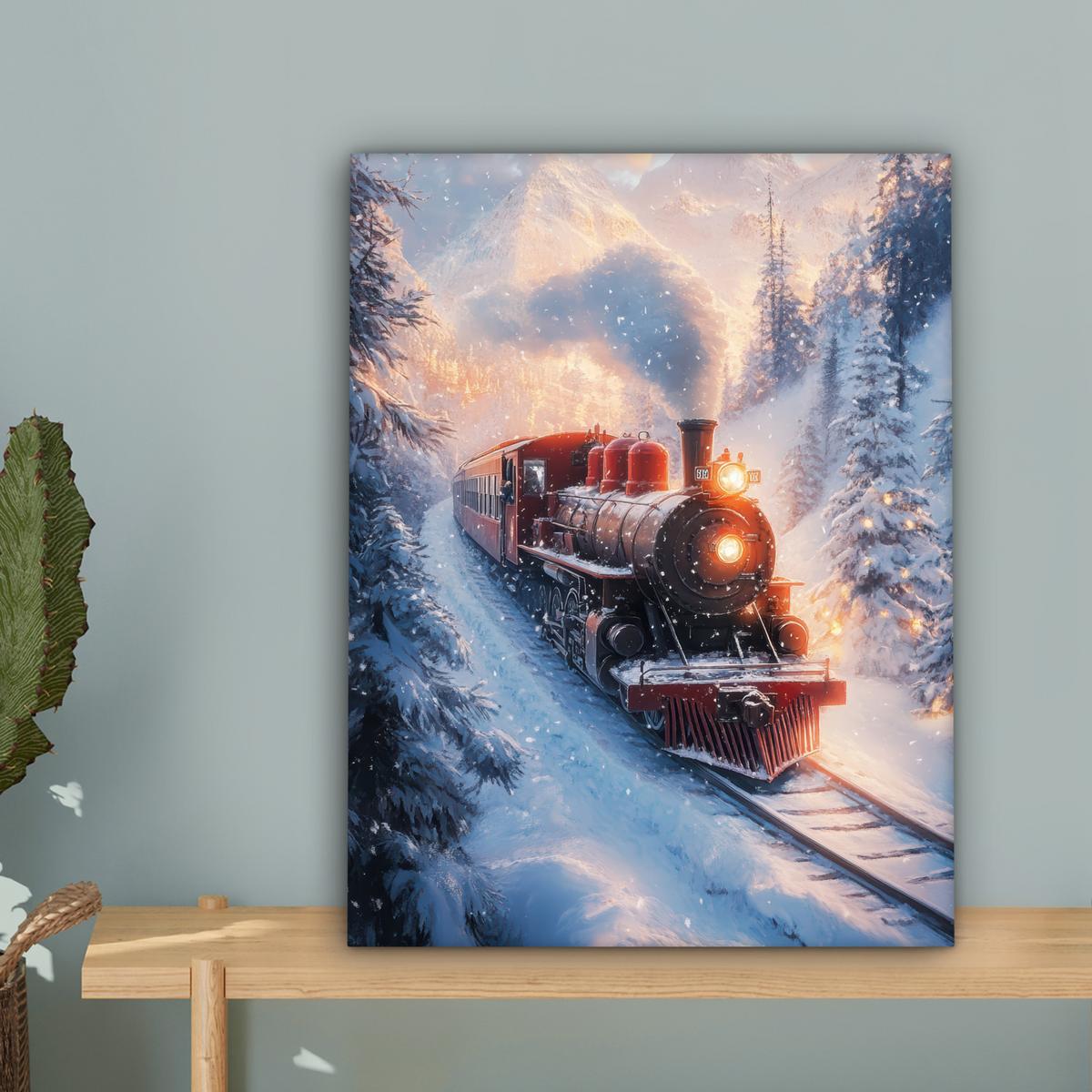 LEINWANDBILD Weihnachtszug - Schnee - Winter - Weihnachten Room Decor 30x40 cm - Dunkelrot, Textil (30/40cm) - MuchoWow