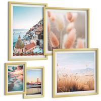 BILDER SET 5er Set - 50x50 cm & 20x30 cm & 40x60 cm Goldrahmen - Sonnenuntergang am Meer, Häuser, Blumen - Goldfarben, Kunststoff (40/60cm) - TULUP
