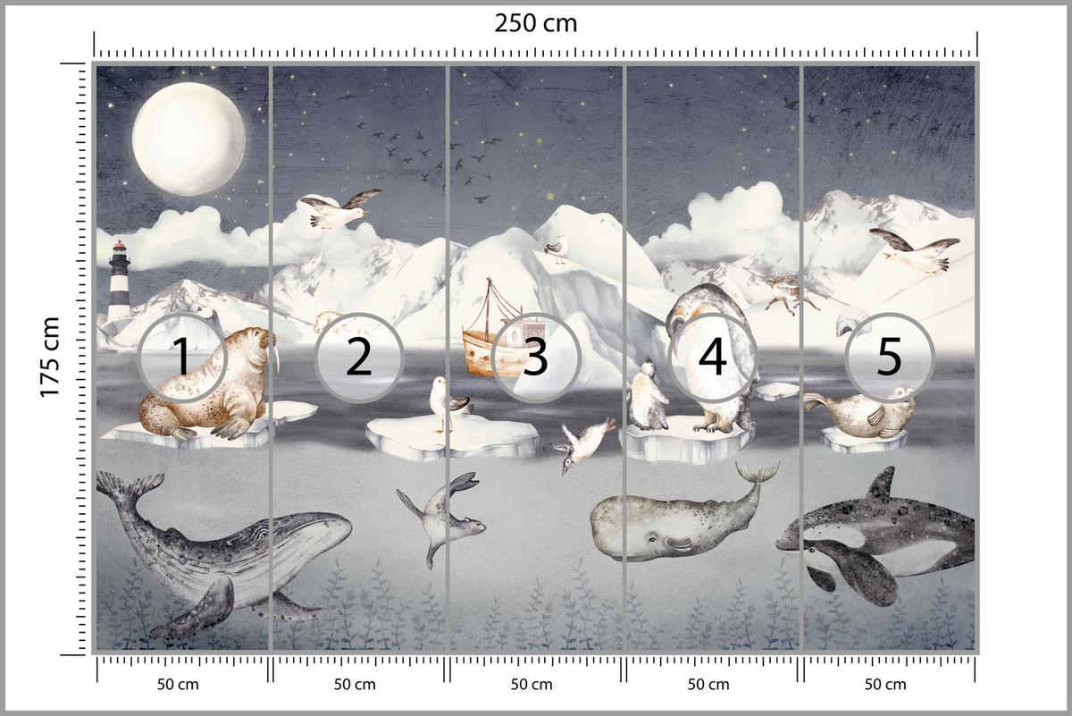 FOTOTAPETE für Kinderzimmer Arktische Tiere Pinguine Robben Mond Gebirge 250x175 - Orange/Weiß, Papier (250/175cm) - Muralo