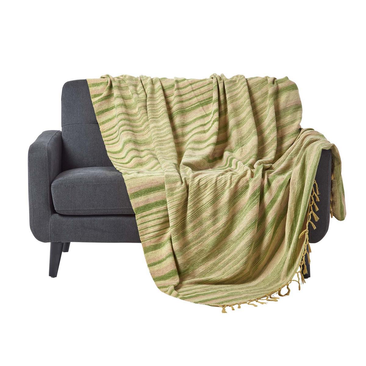 WOHNDECKE Chenille 220/240 cm, 100% Baumwolle gestreift - Grün, Textil (220/240cm) - Homescapes