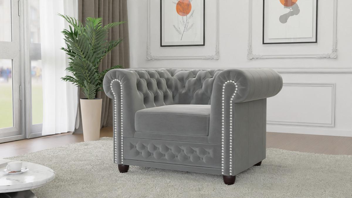 CHESTERFIELD-SESSEL Nyx Grau Samt - Braun/Grau, Holz/Textil (94/72/86cm) - S-Style Möbel