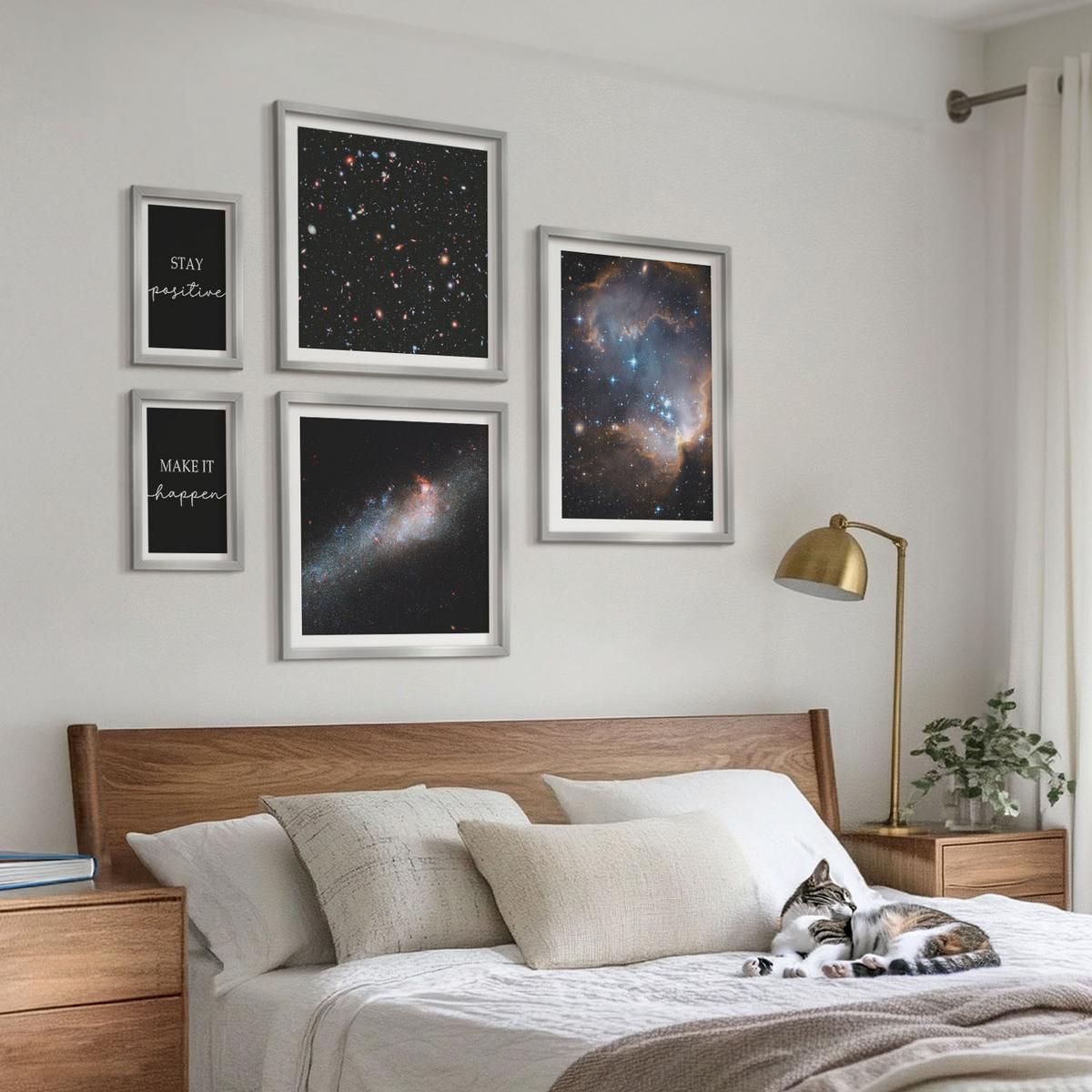 BILDER SET 5er Set - 50x50 cm & 20x30 cm & 40x60 cm Silberner Rahmen - Motivationsslogans Sterne Weltraum - Silberfarben, Kunststoff (40/60cm) - TULUP