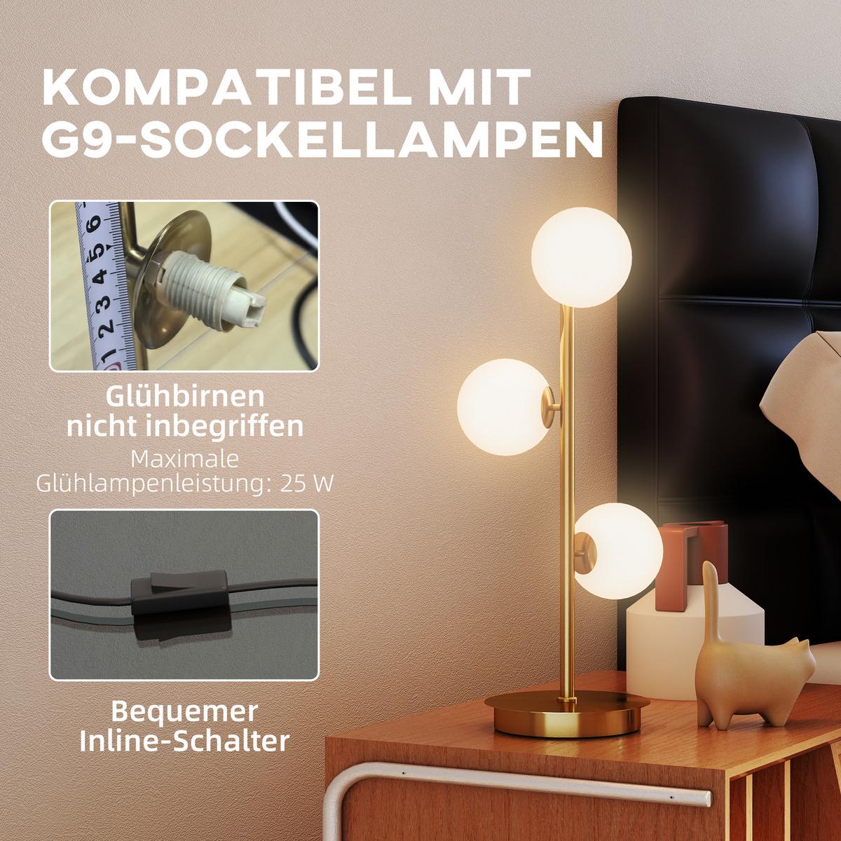 TISCHLAMPE mit 3 Kugelschirmen G9-Fassungen Messing - Messingfarben, Metall (24/24/53cm) - HOMCOM