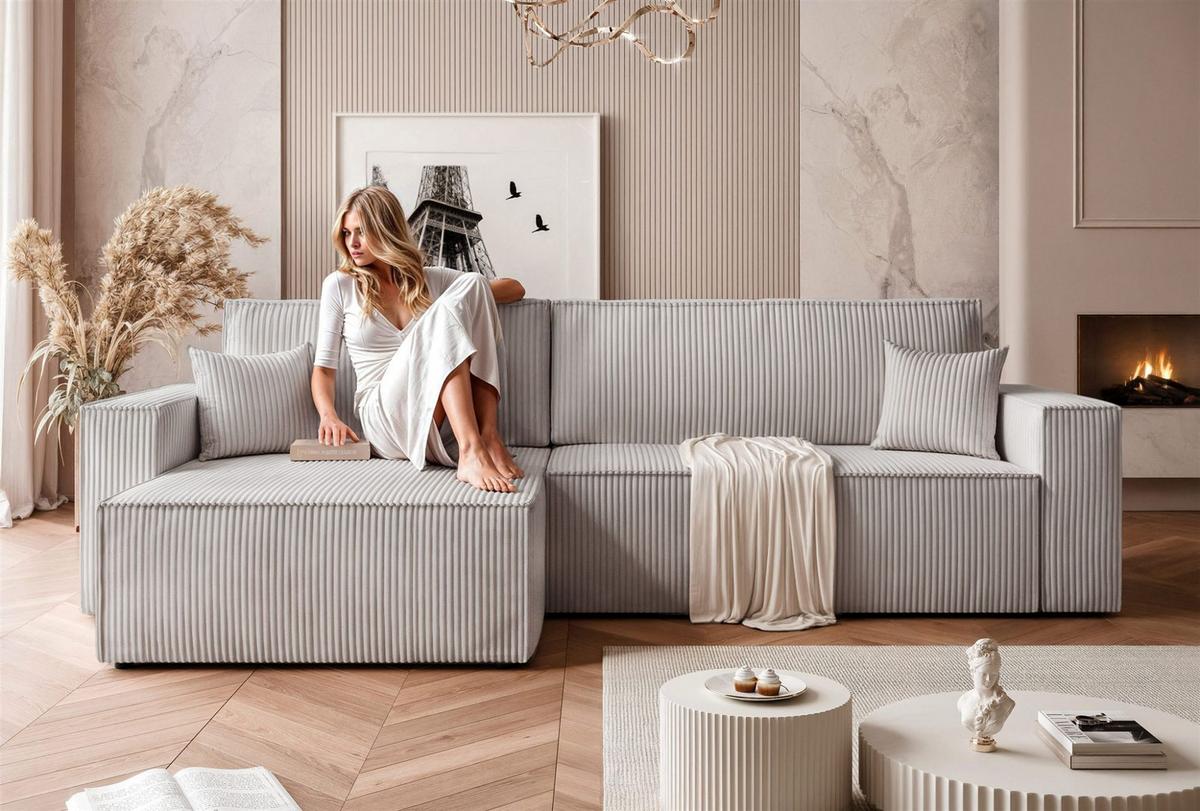 ECKSOFA Adara Max Mit Schlaffunktion - Hellgrau, Holzwerkstoff/Textil (276/145cm) - Fun Möbel