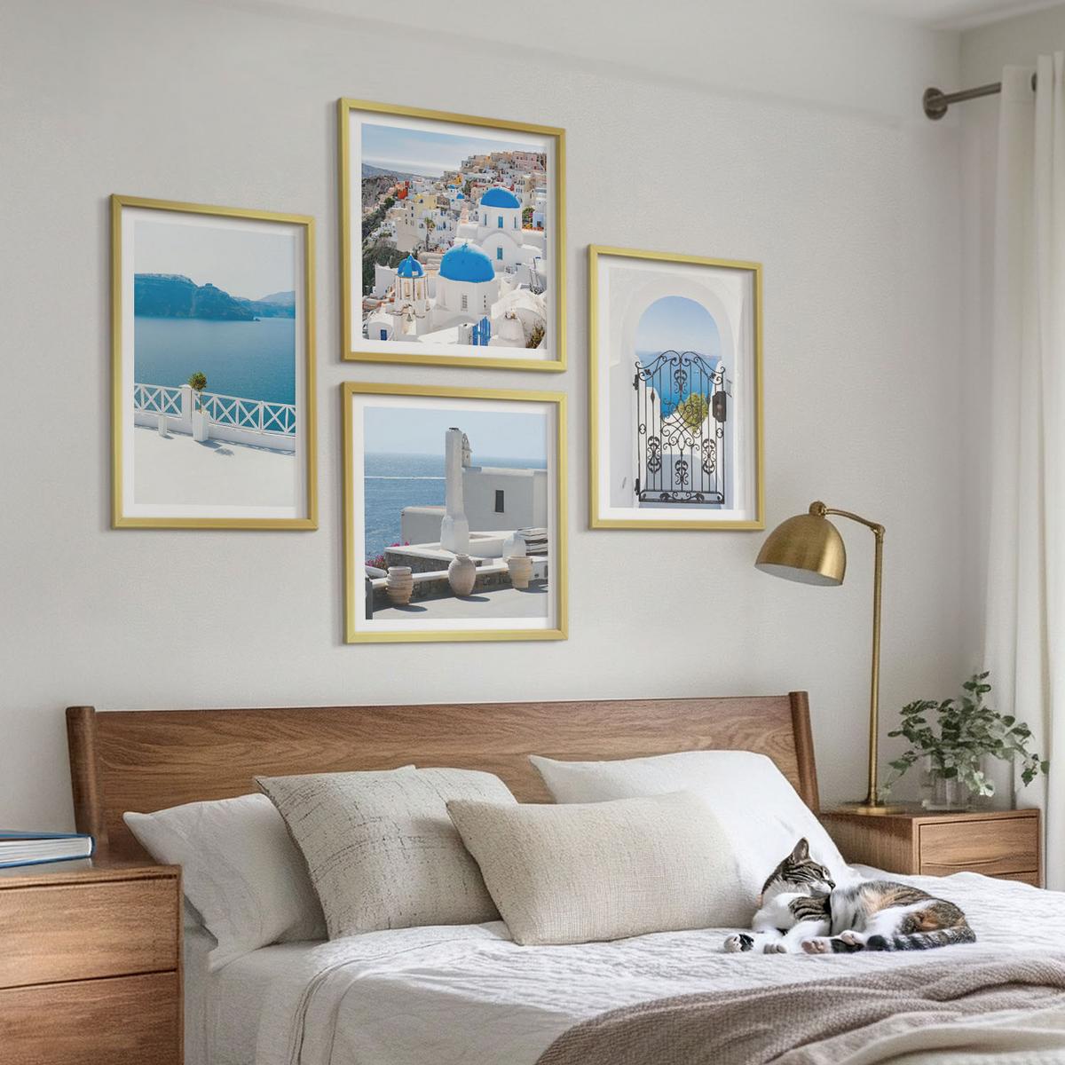 BILDER SET 4er Set - 50x50 cm & 40x60 cm Goldrahmen - Gebäude am Weißen Meer, Griechenland - Goldfarben, Kunststoff (50/50cm) - TULUP