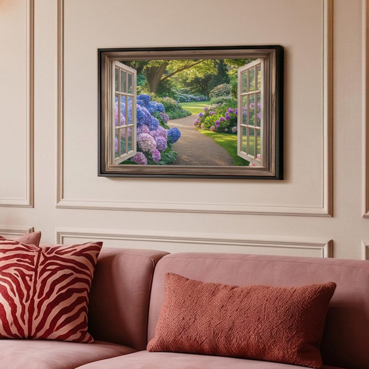 LEINWAND Bilder mit Rahmen - Aussicht - Garten - Fenster - Hortensie - Blumen - 60x40 - Pastellblau, Textil (60/40cm) - MuchoWow