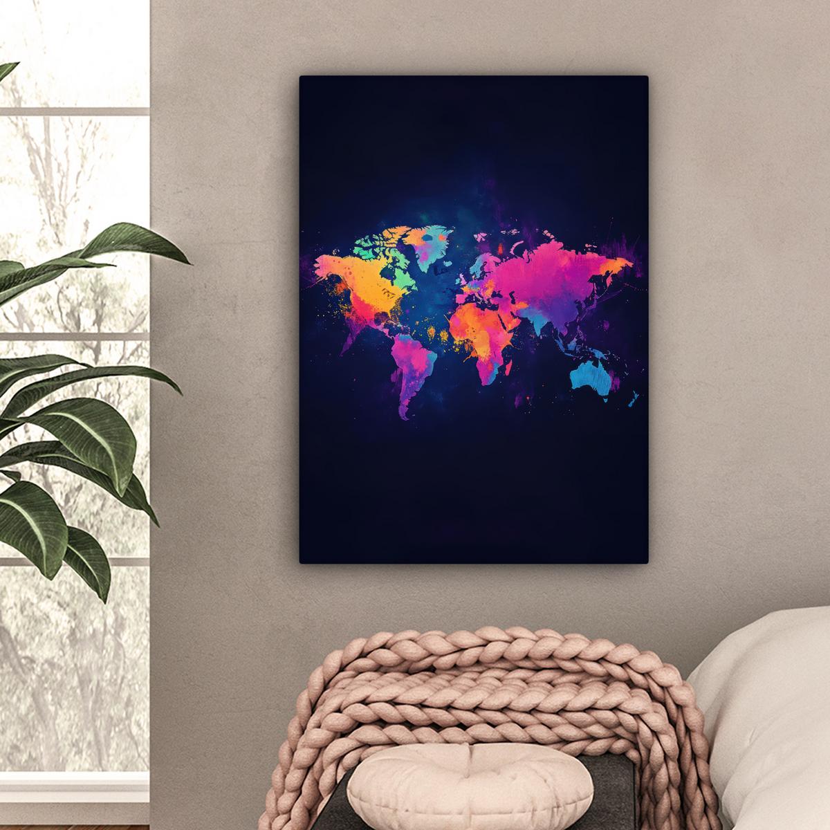 LEINWANDBILD Weltkarte - Bunt - Graffiti Wandbild Wohnzimmer 60x80 cm - Multicolor, Textil (60/80cm) - MuchoWow