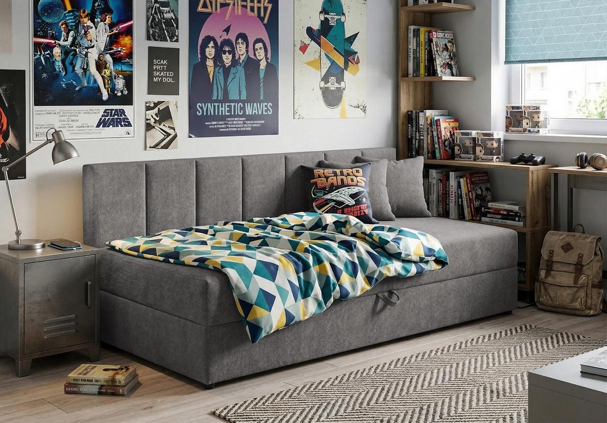 TAGESBETT Lenny mit Rückenlehne und großem Bettkasten aus Grau Chenille-Stoff - Schwarz/Grau, Holz/Kunststoff (90/200cm) - S-Style Möbel