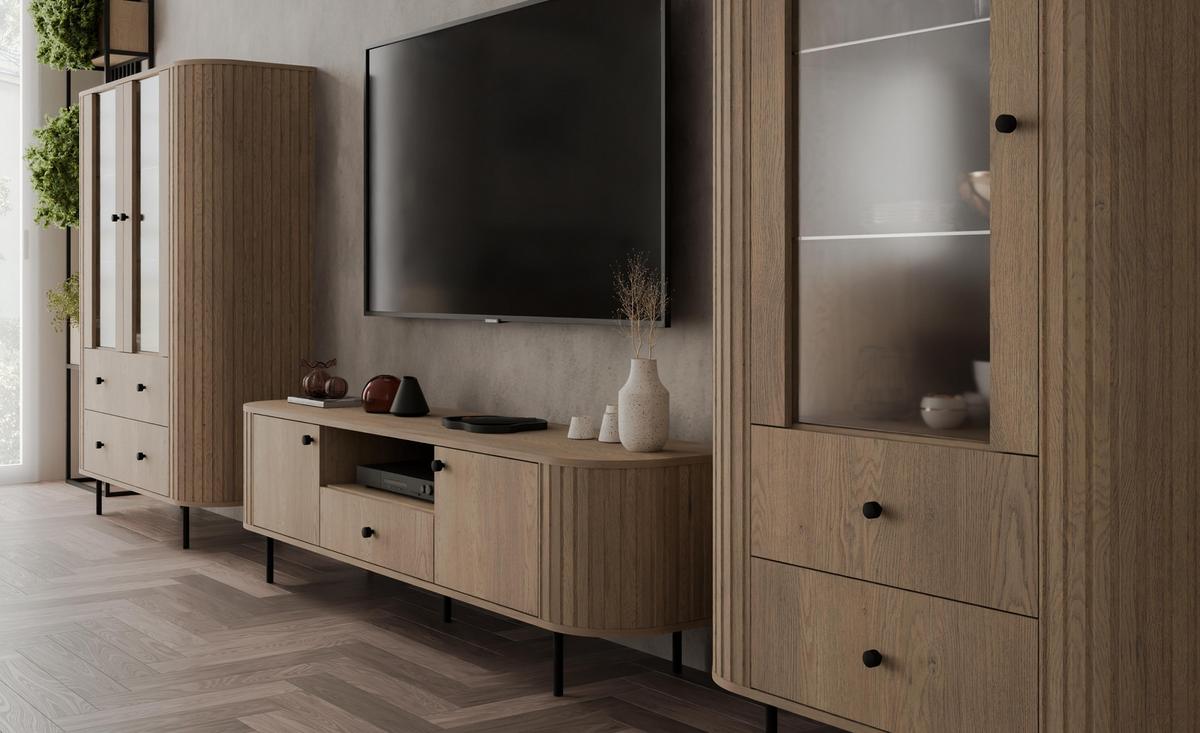 VITRINE Halay Eiche Cremona, 1 Tür & 2 Schubladen Moderne Rillenstruktur, mit runden Kanten - Eichefarben/Schwarz, Holzwerkstoff/Metall (97.4/155/42.3cm) - AX Living