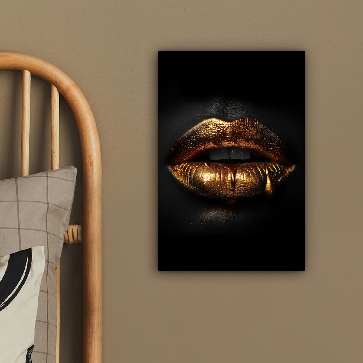 LEINWANDBILD Frau - Porträt - Lippen - Gold - Schwarz Deko Wohnzimmer 20x30 cm - Schwarz, Textil (20/30cm) - MuchoWow