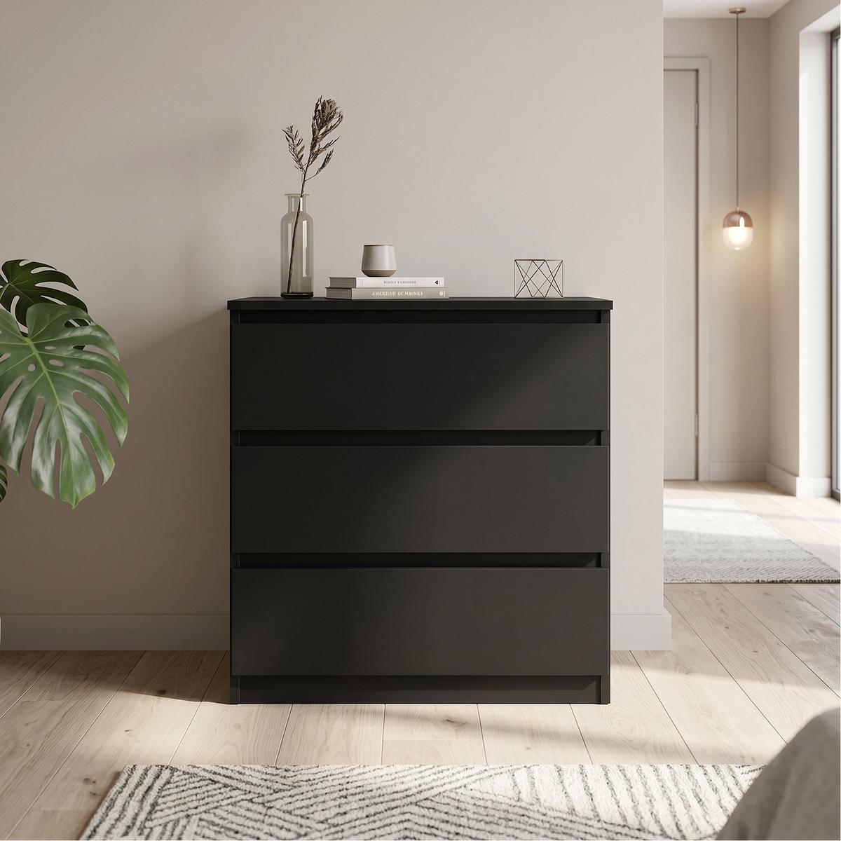 KOMMODE NUDO 70/78,5/39cm mit 3 Schubladen Türen Schwarz - Schwarz, Holzwerkstoff (70/78.5/39cm) - MASSENO