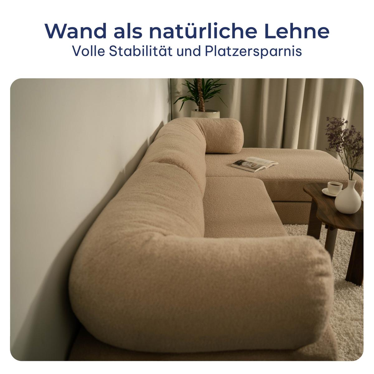 ECKSOFA KELI modulares Boneless Sofa mit Schlaffunktion Beige Boucle-Stoff - Beige, Textil (270/160cm) - MASSENO