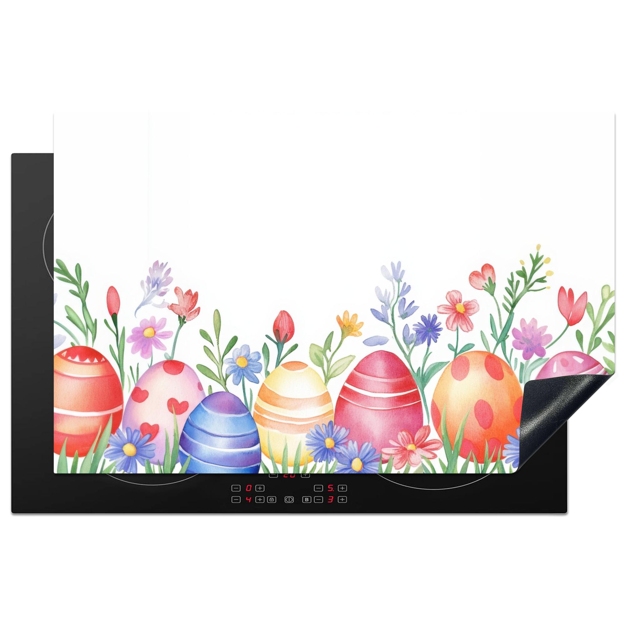 HERDABDECKPLATTE Blumengarten - Bunt - Eier Ceranfeldabdeckung 80x52 cm - Weiß, Kunststoff (80/52/0.2cm) - MuchoWow