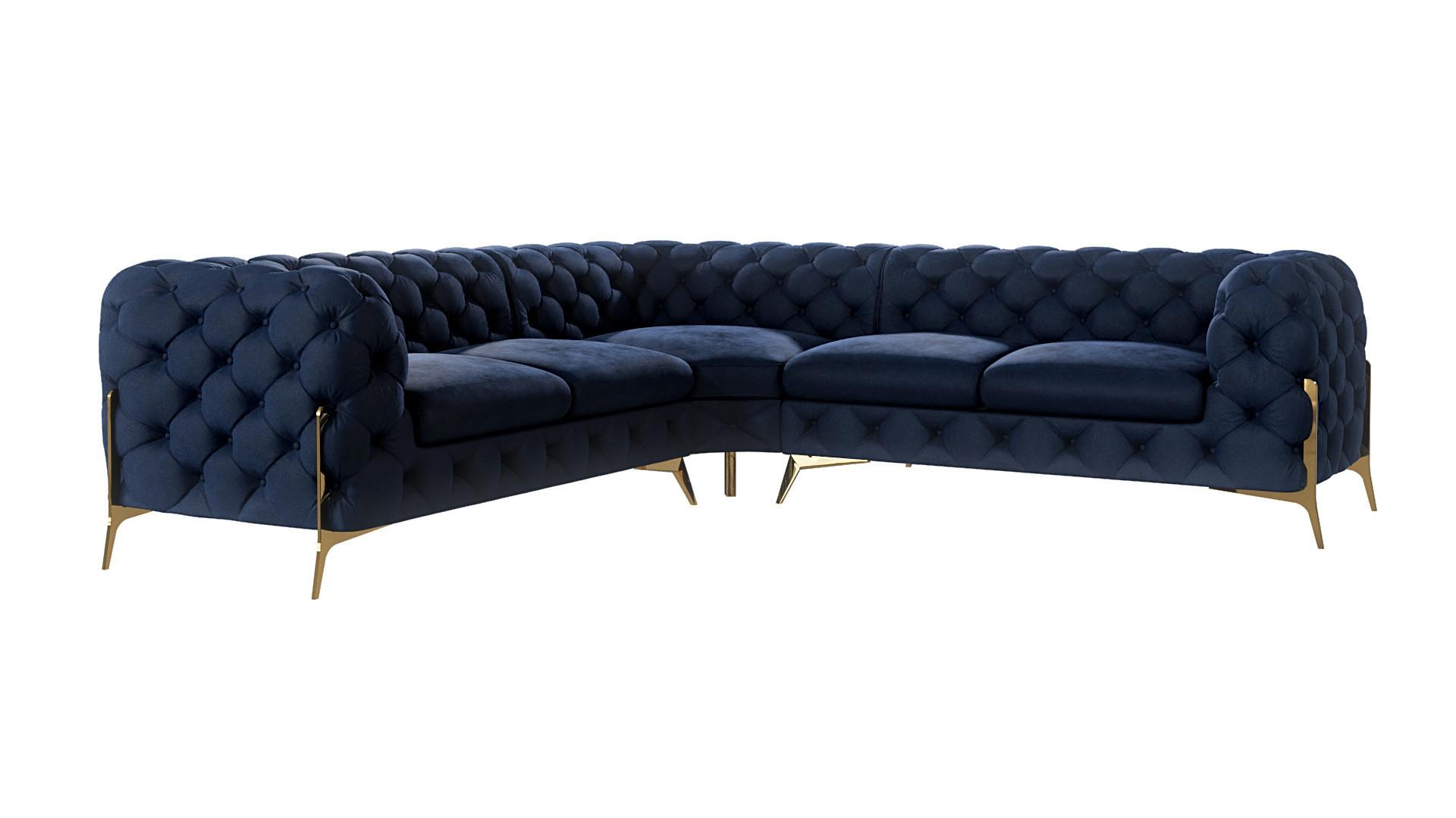 ECKSOFA Chesterfield Lexi Marineblau Samt - Goldfarben/Dunkelblau, Holz/Textil (264/264cm) - S-Style Möbel